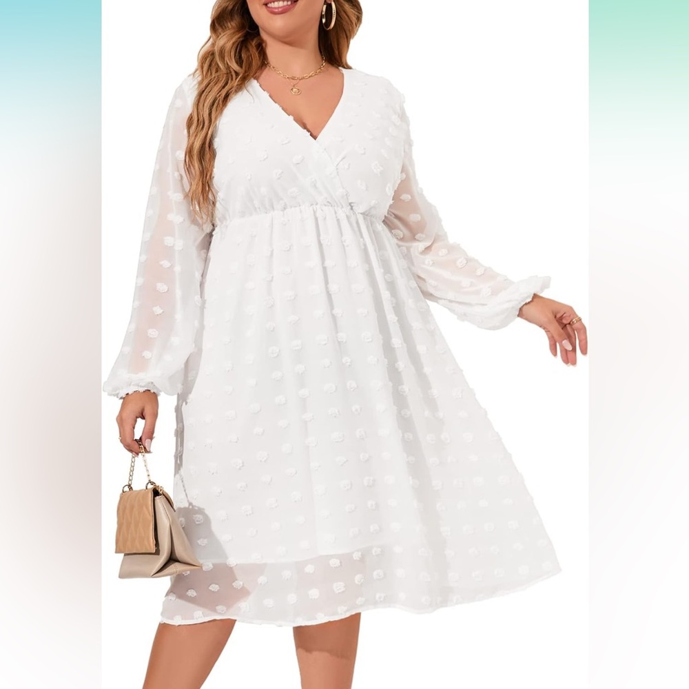 Swiss Dot Chiffon Sheer Long Sleeve Faux Wrap V Neck Midi Dress NWT Size…